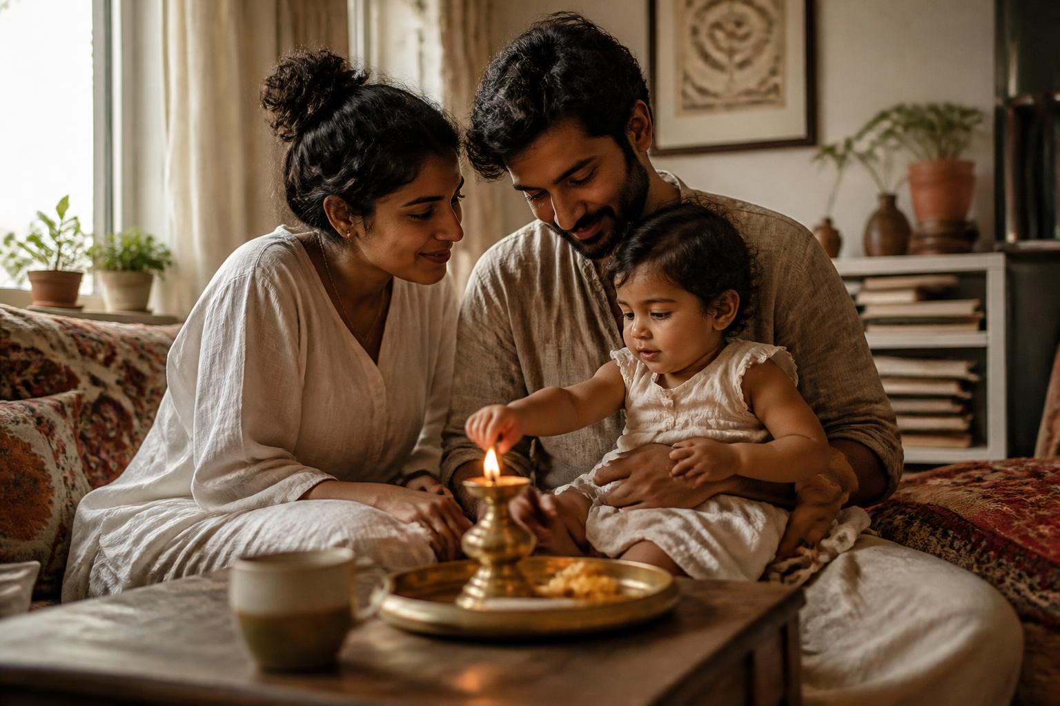 An Indian family at home — parents and a toddler lighting a small brass diya together