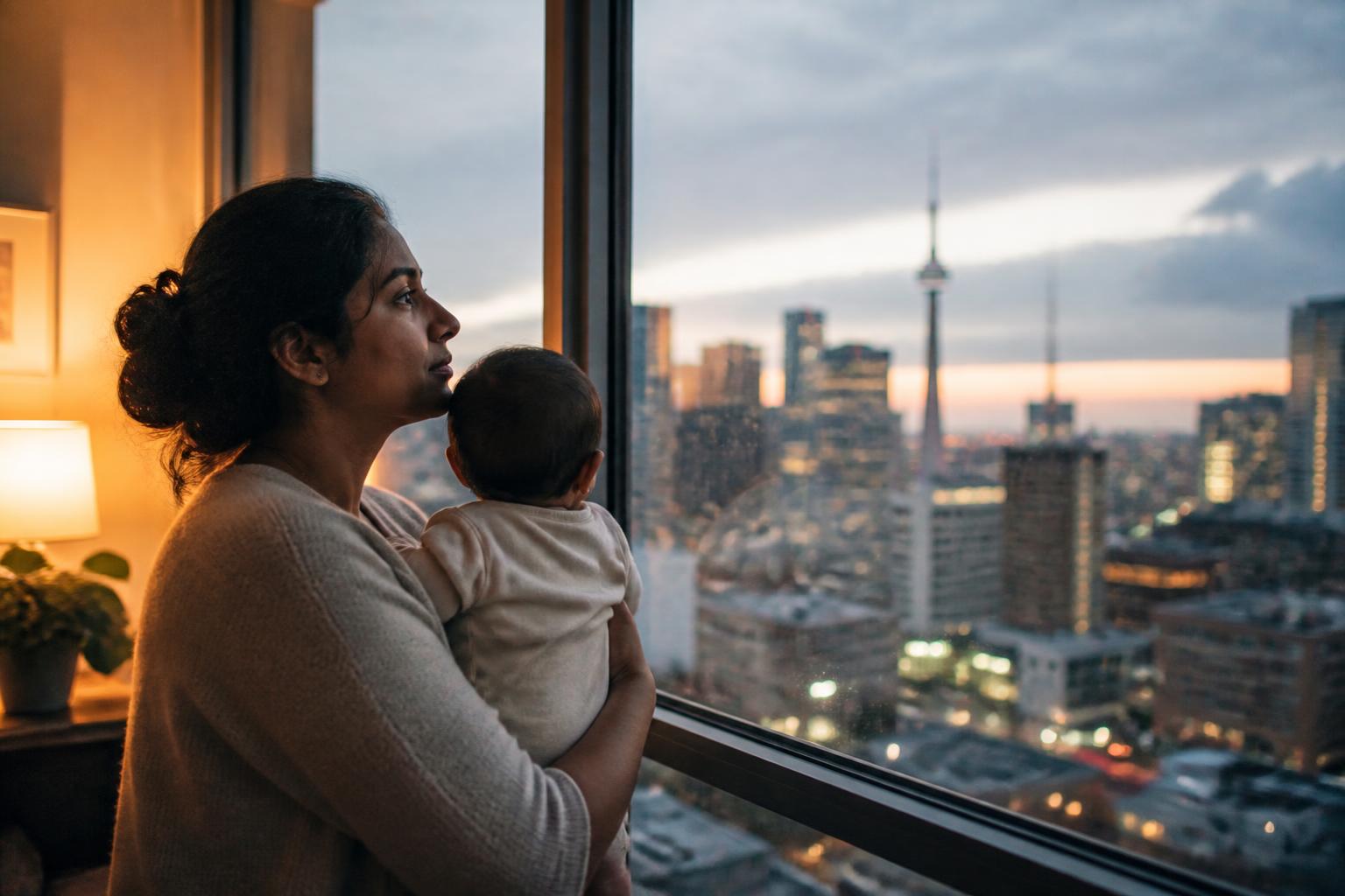 An Indian mother holding her baby, looking out a high-rise window onto a foreign city skyline at dusk