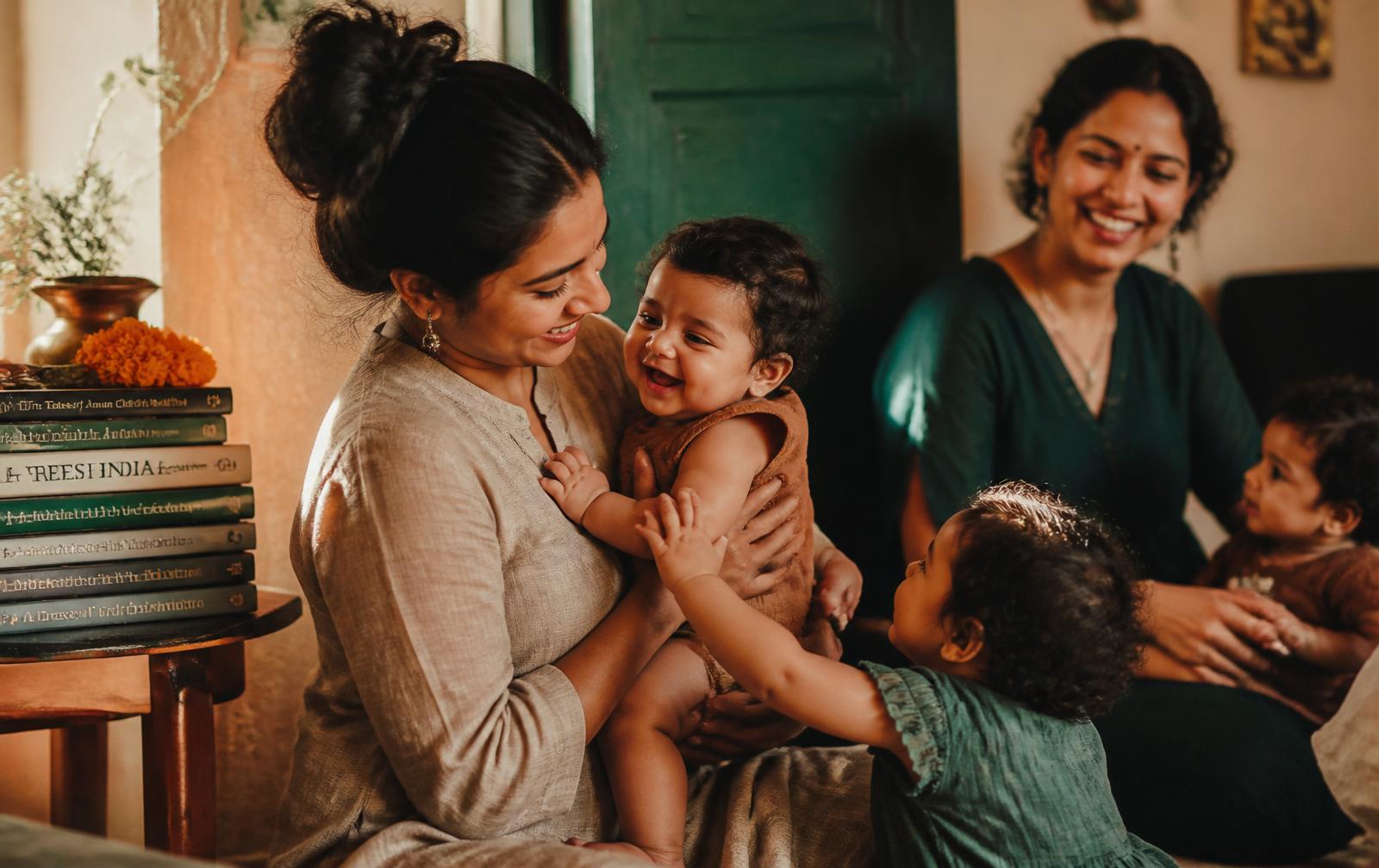 Indian mothers holding their babies and toddlers together in a warm, sunlit home